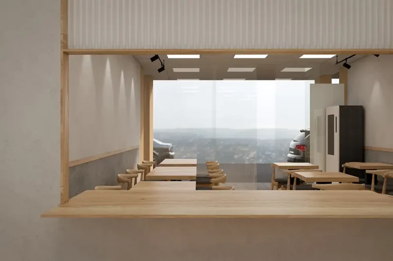 連鎖餐廳木質用餐區與取餐口設計圖